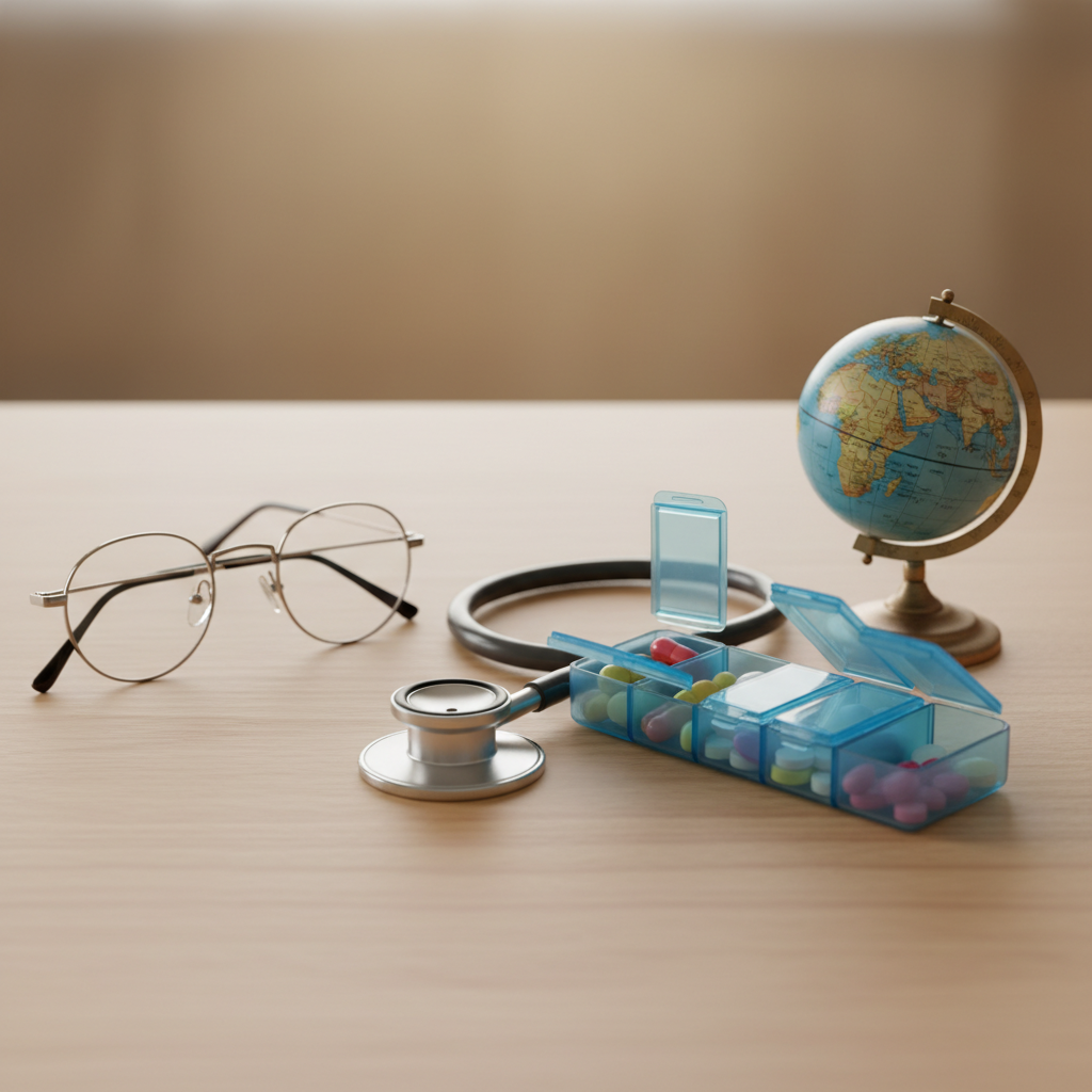 Close-up of super visa travel medical essentials for Canada including stethoscope and pill organizer on table
