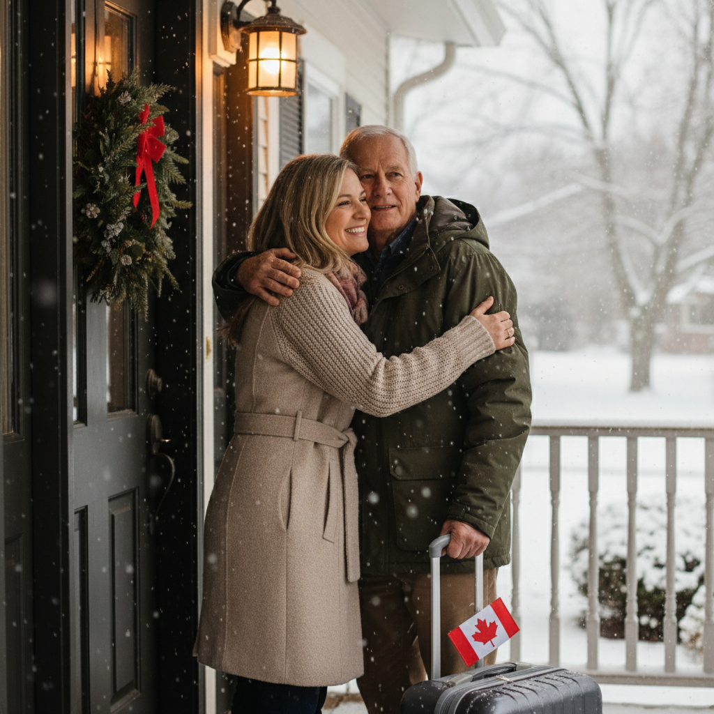 Welcoming parents to Canada for Super Visa visit during winter with suitcase and flag tag in Whitby