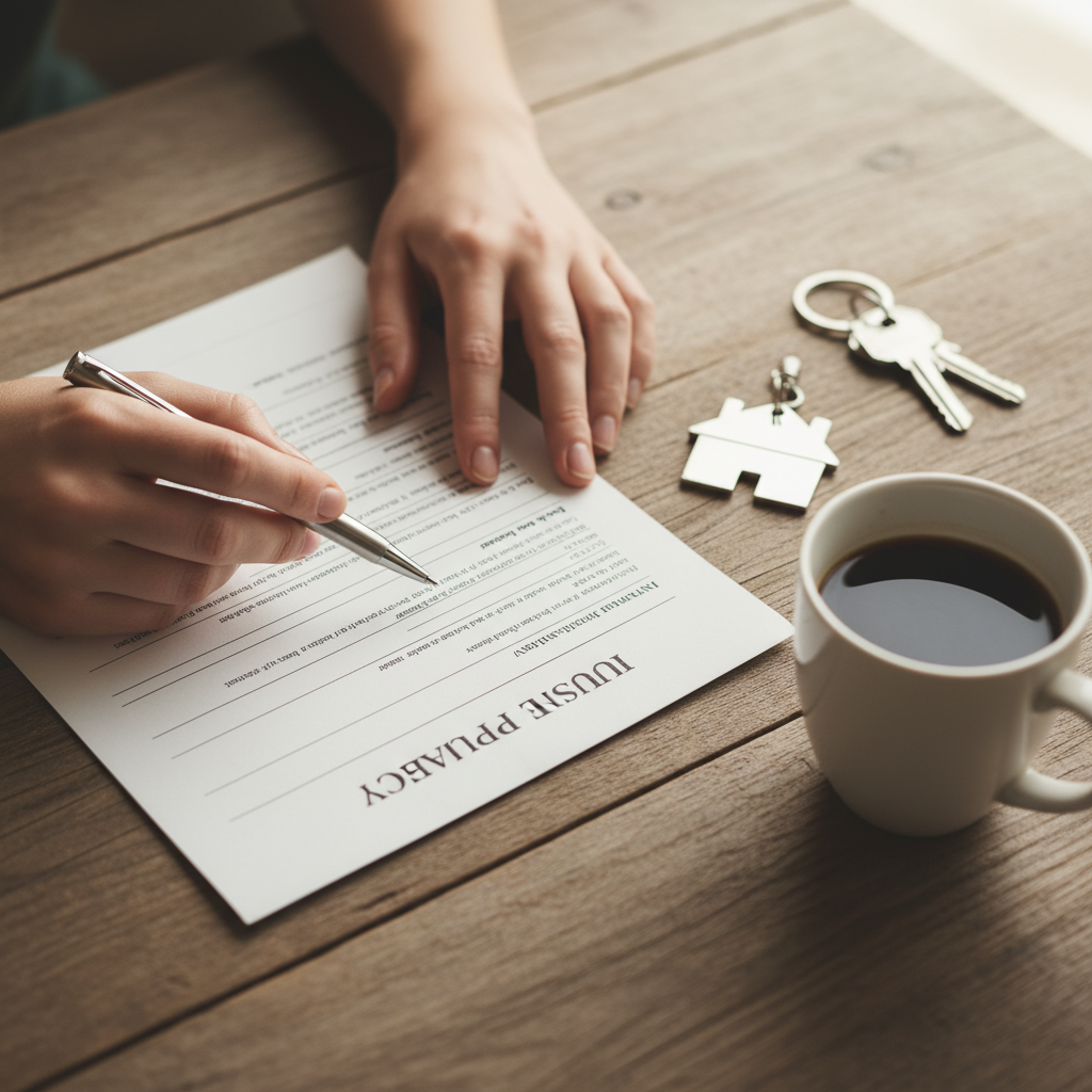 Close-up of landlord reviewing rental property insurance Ontario protection documents with house keys on desk
