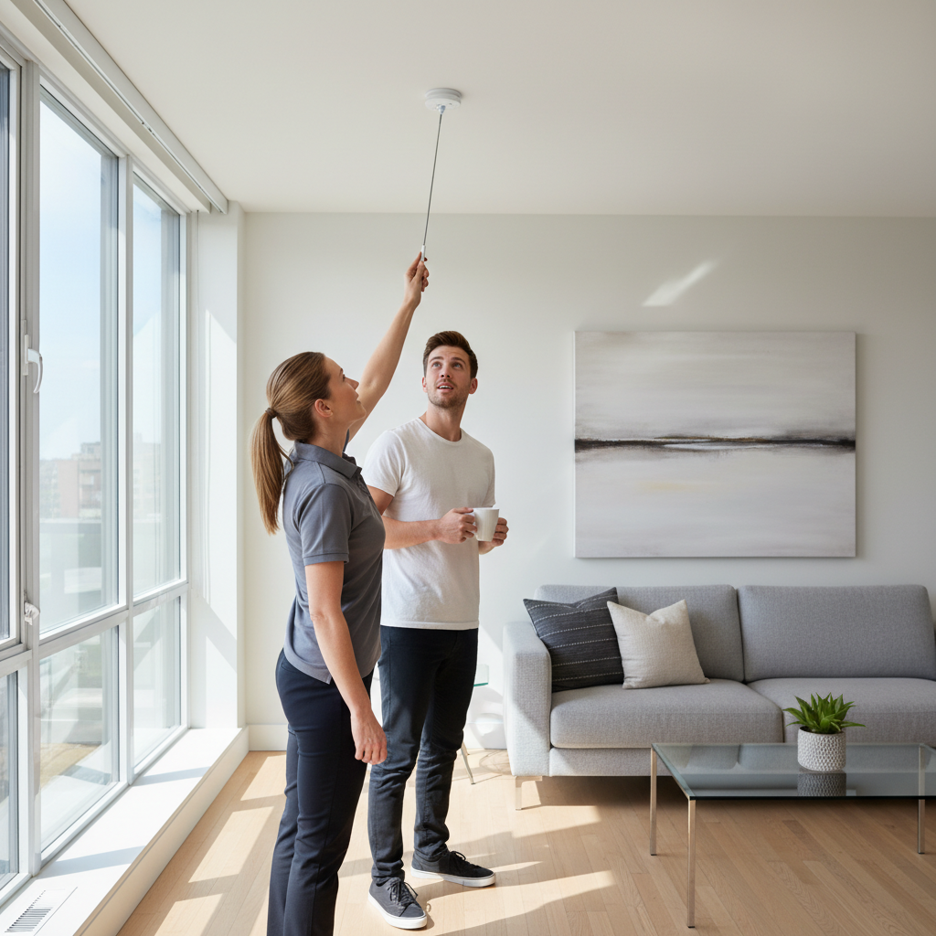 Property manager testing smoke detector in Ontario rental to improve landlord insurance protection