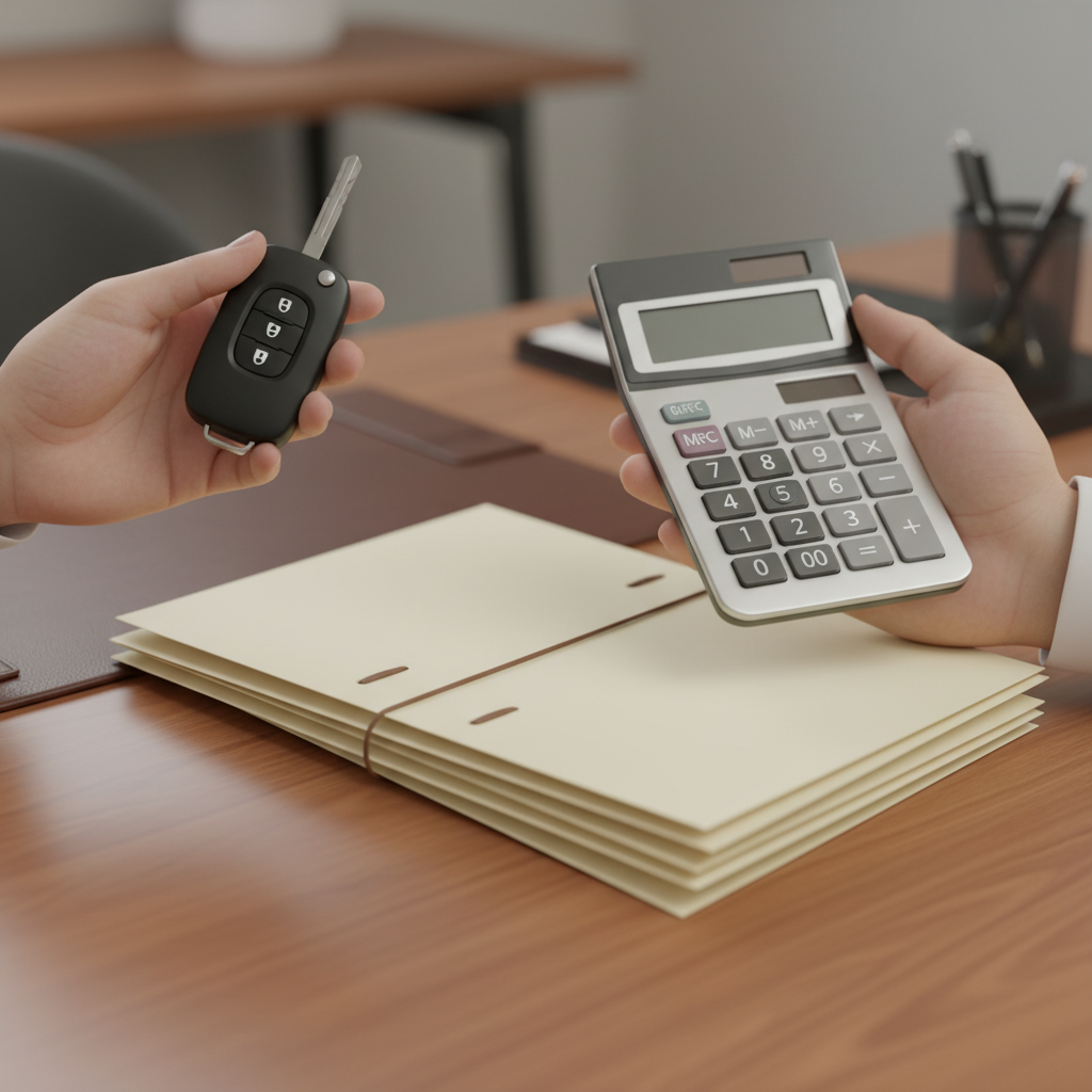 Hands comparing car key fob, calculator, and policy folders while evaluating insurance broker vs direct online quotes