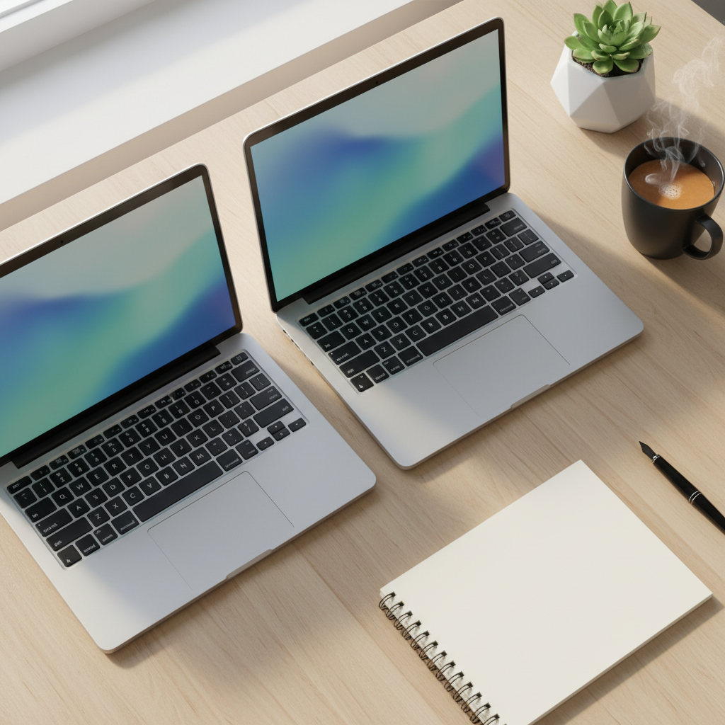 Top-down home workspace comparing insurance broker vs direct online quotes on two laptops