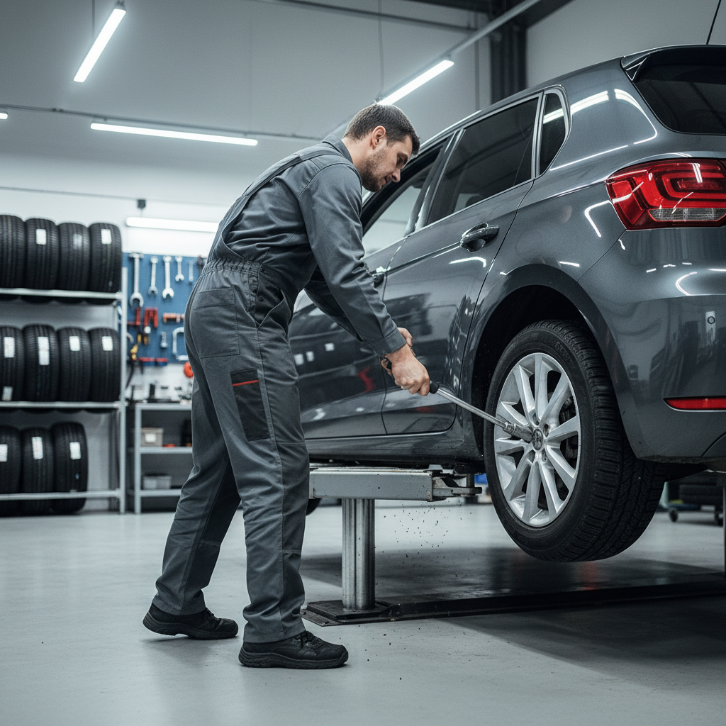 Mechanic fitting winter tires on a compact car for Ontario winter tire insurance discount