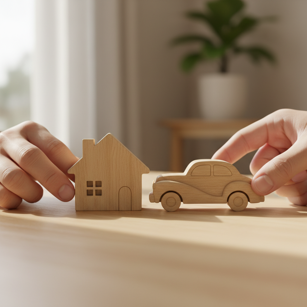Close-up detail of house and car icons aligned together, symbolizing home insurance discounts and bundling savings in Ontario