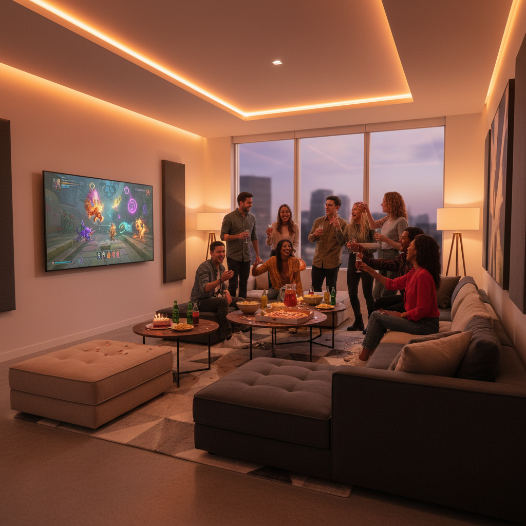 Private party room with lounge seating and wall-mounted TVs at The Next Level in London Ontario for VR birthday parties