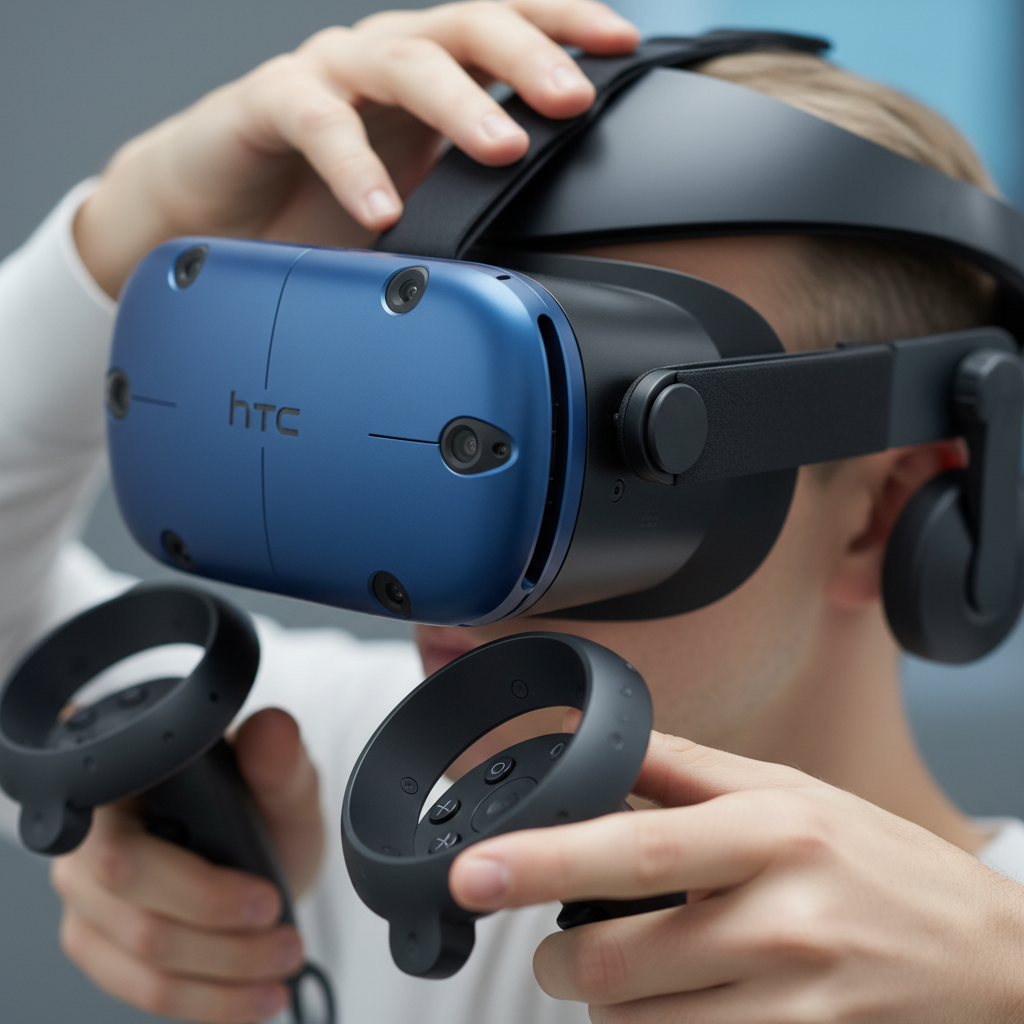 Close-up of HTC Vive Pro headset and motion controllers used for VR birthday parties in London Ontario at The Next Level virtual reality arcade