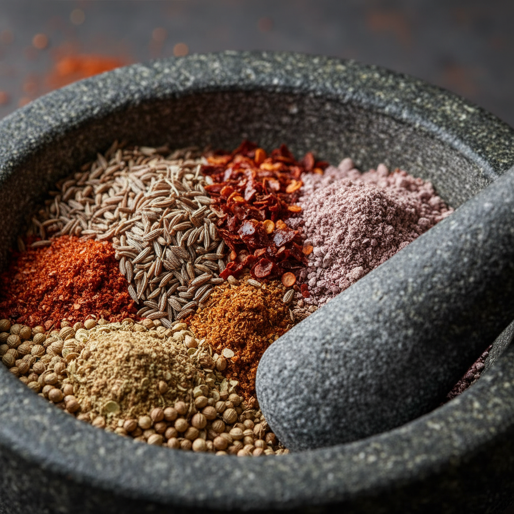 Close-up of Turkish shawarma spice blend ingredients: cumin, coriander, paprika, Aleppo pepper, sumac, and garlic for authentic Turkish spices for shawarma cooking