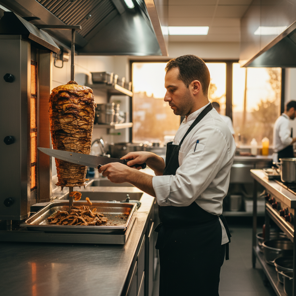Chef carving shawarma from a vertical rotisserie, showing technique that preserves Turkish shawarma spices and juicy slices
