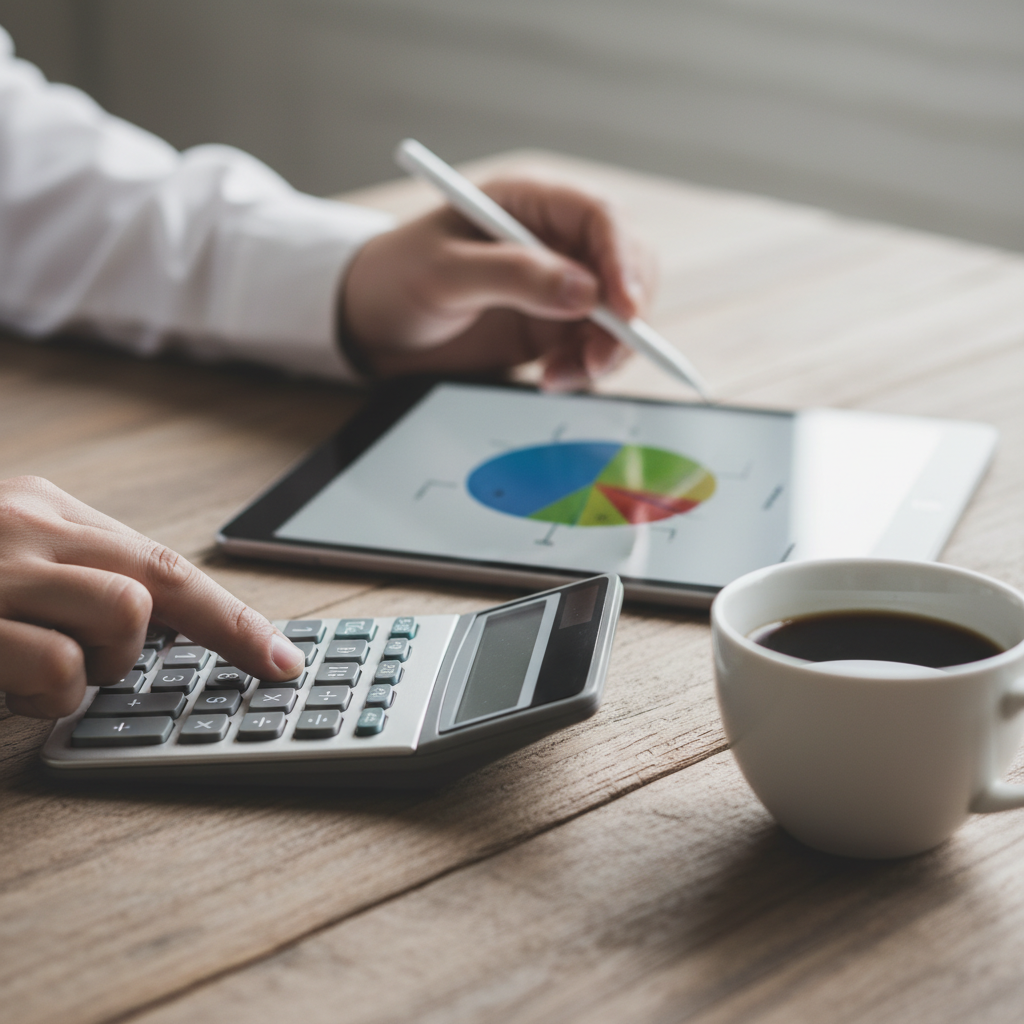 Close-up of calculator and tablet during life insurance needs assessment in Ontario, illustrating coverage planning inputs