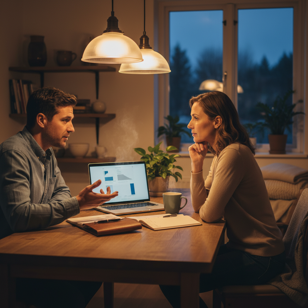 Ontario couple reviewing life insurance coverage needs at home during an evening planning session