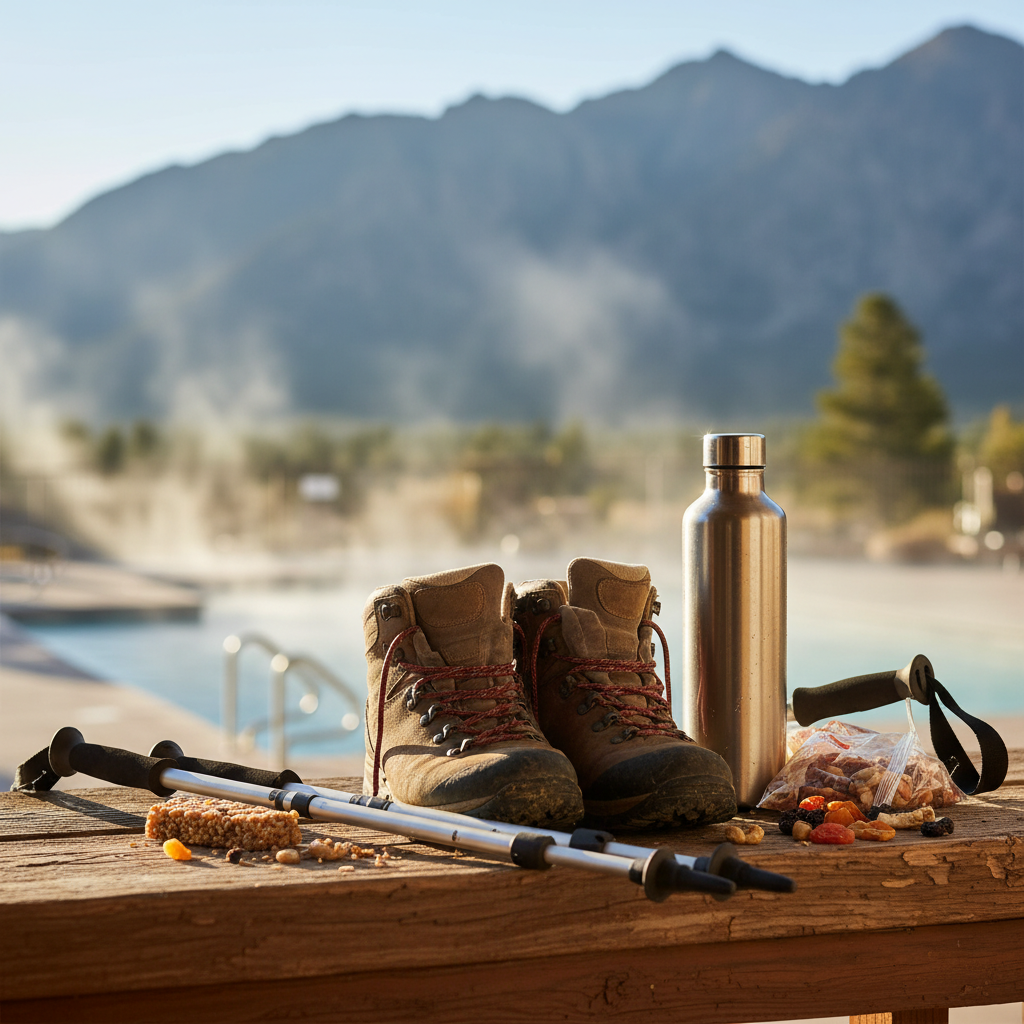 Hiking boots, trekking poles, and water bottle on a porch with heated outdoor pool and mountain views in North Conway—ideal amenities for White Mountains hikers