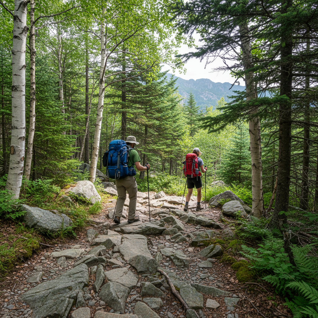 Two hikers on a granite trail through birch and pine in the White Mountains near North Conway, showing typical terrain for local day hikes