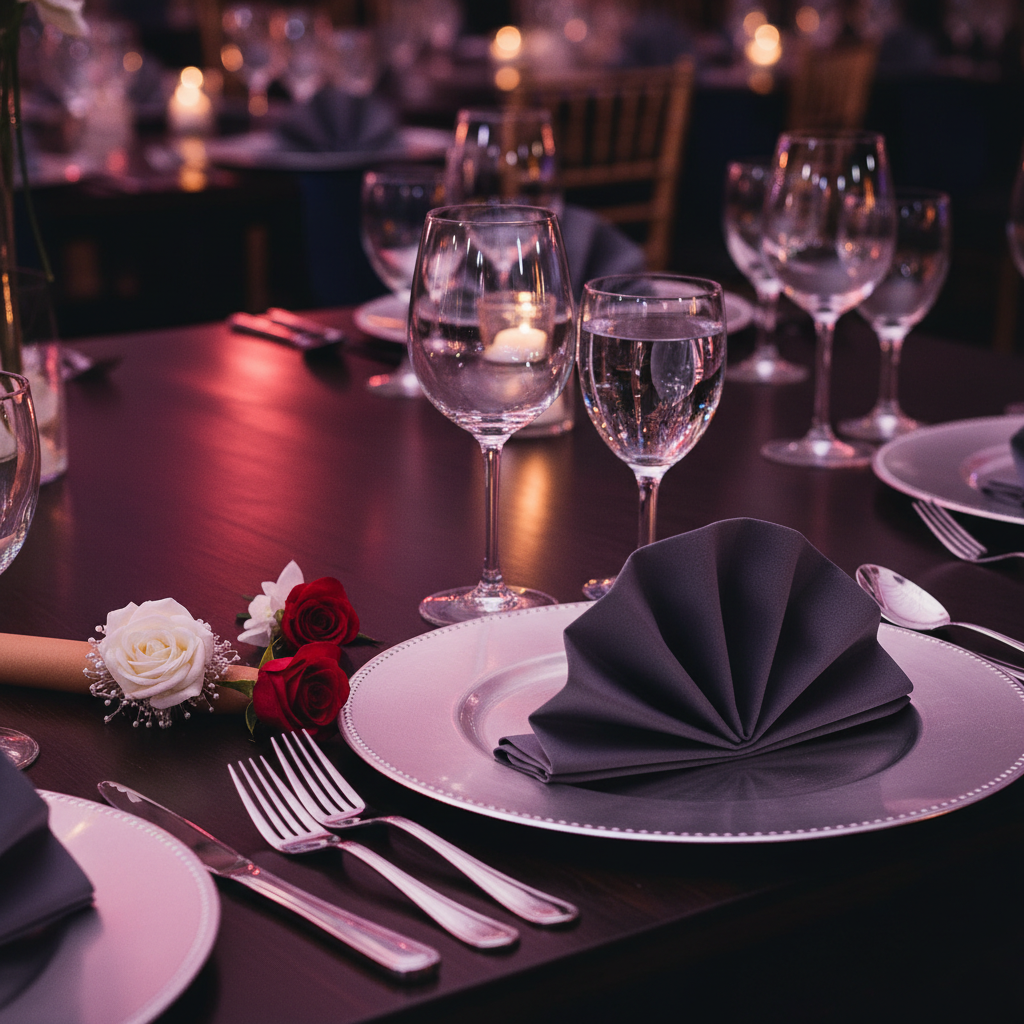 Detail of elegant prom table setting with corsage, crystal glassware, and uplighting reflections in a Mississauga ballroom