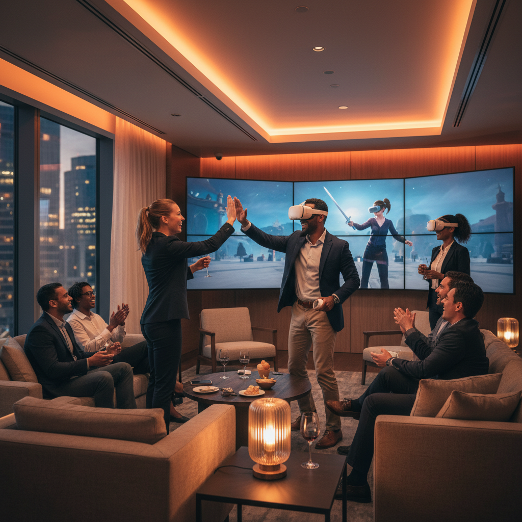 Corporate team in a private party room watching wall-mounted screens of a VR escape room run in London Ontario