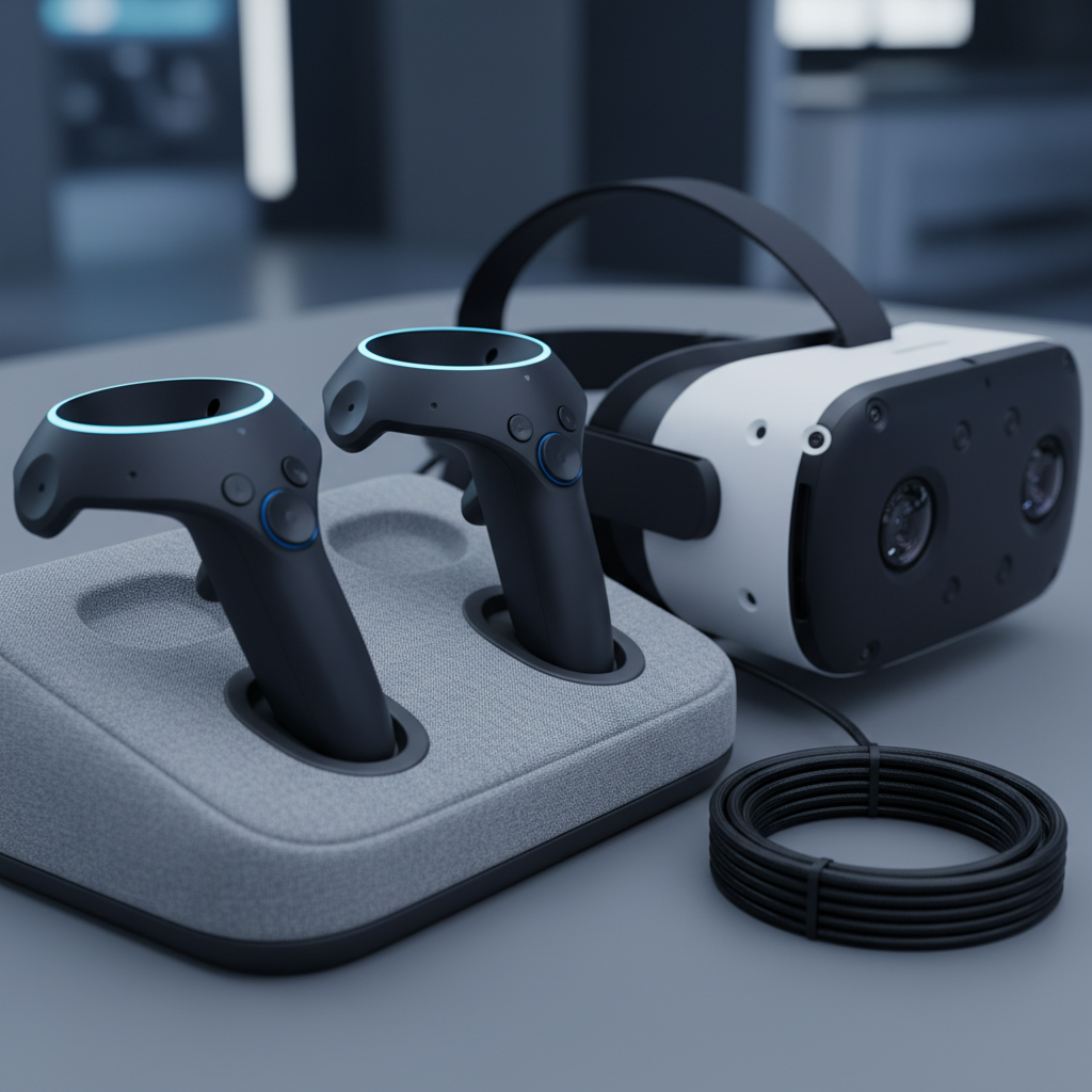 Close-up of VR motion controllers and headset used for room-scale virtual reality escape rooms