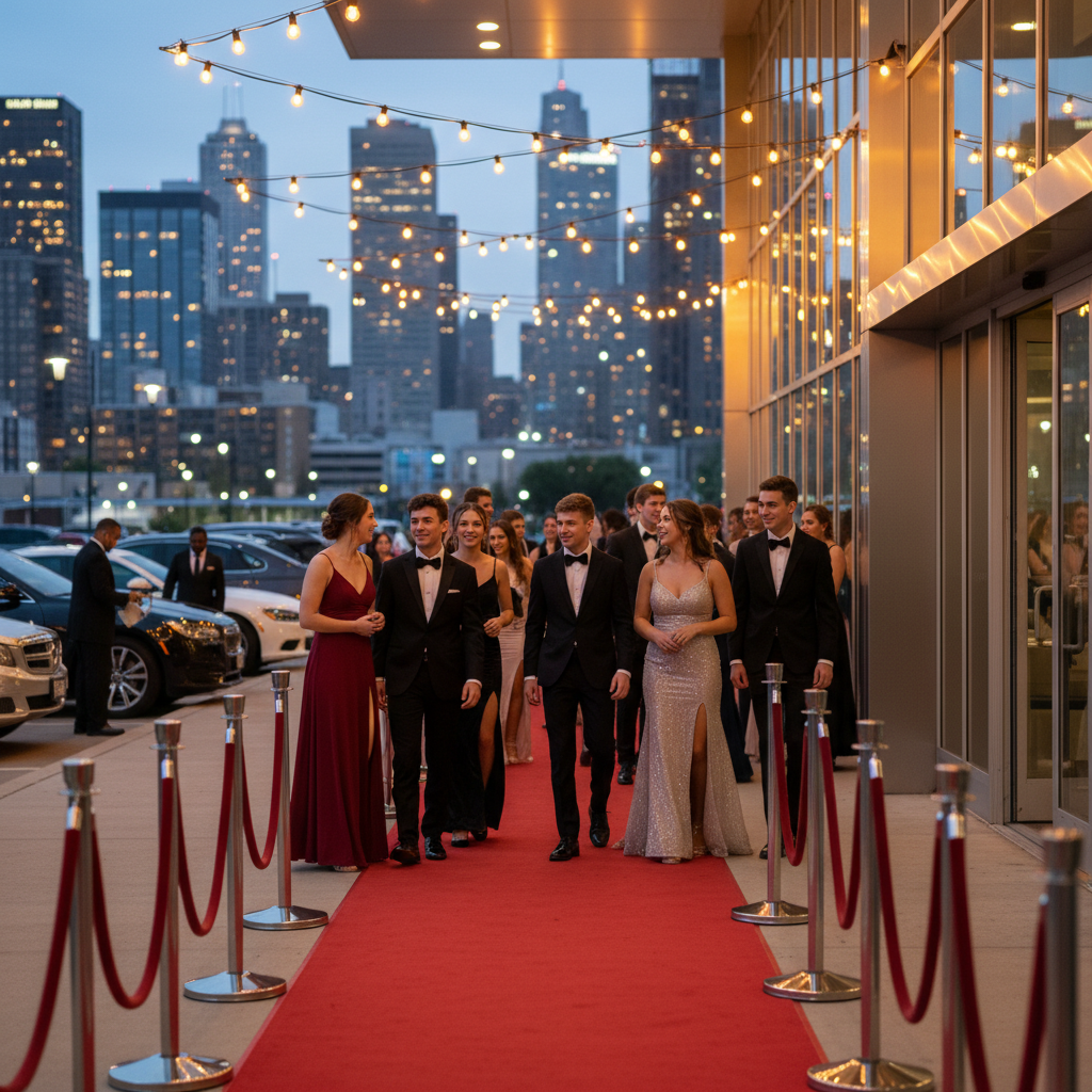 Students arriving at a contemporary Mississauga event venue along a red carpet at dusk, ideal for prom night arrival logistics