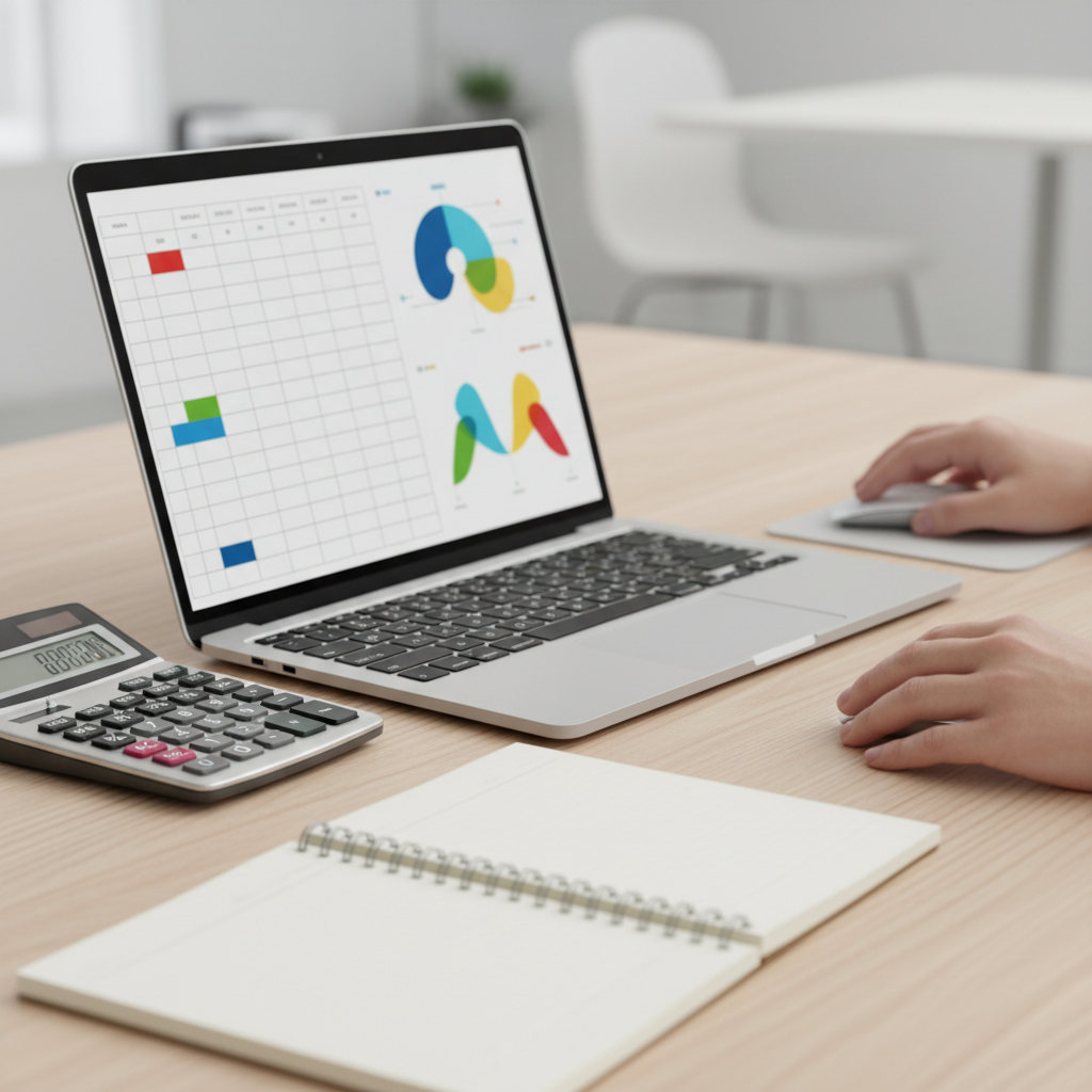 Close-up of startup cash flow forecasting spreadsheet with charts and calculator in a professional finance workflow