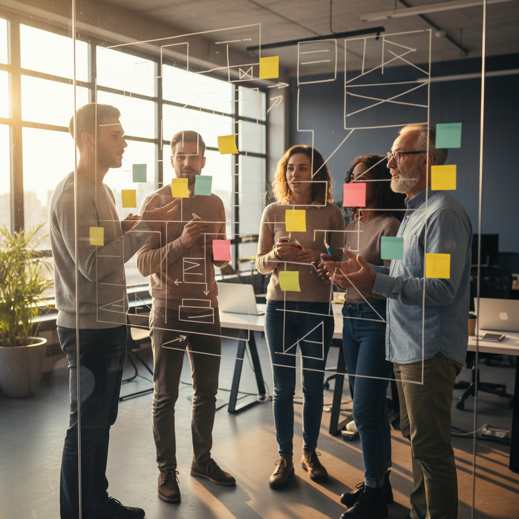 Startup team collaborating with an advisor on cash flow planning in a coworking space