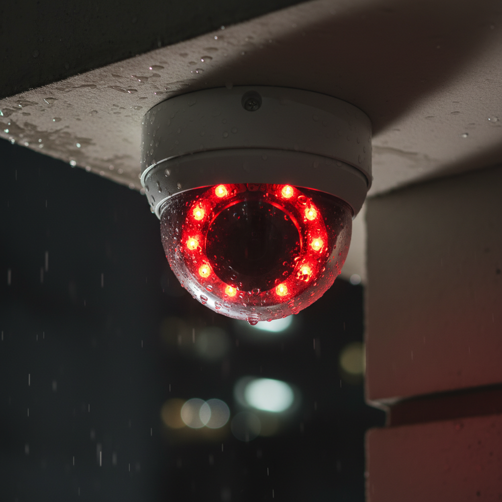 Close-up weatherproof dome CCTV camera with infrared LEDs supporting 24/7 live surveillance benefits in Canadian environments