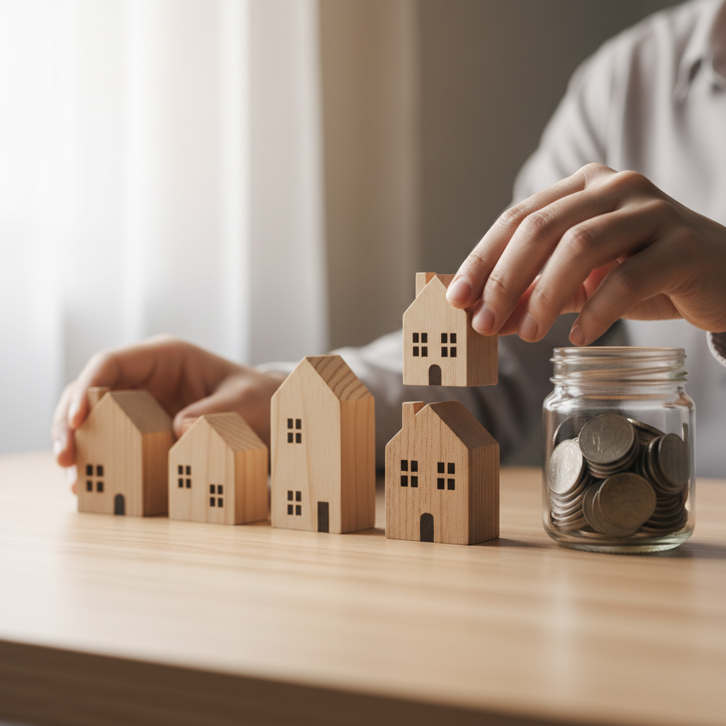 detail shot of hands with house models and savings jar illustrating investment property loan strategy and deposit planning