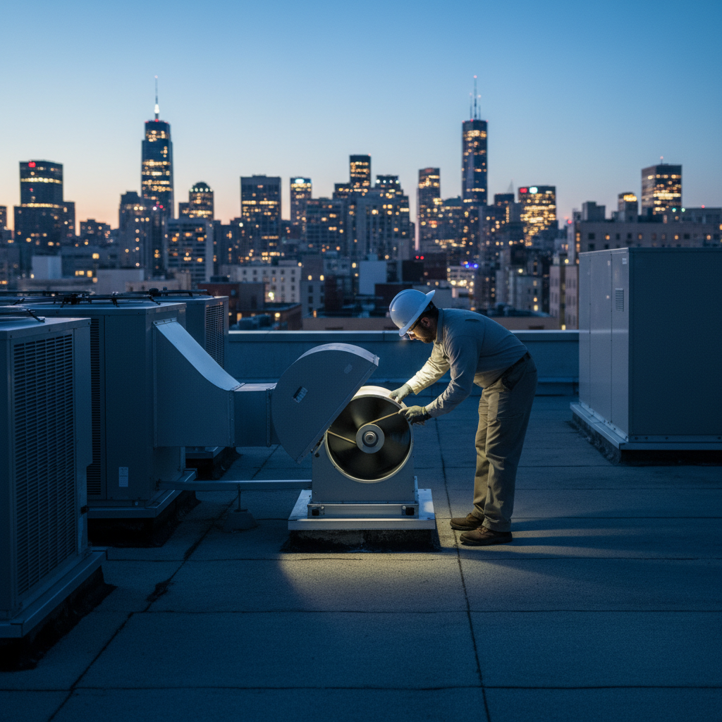 Technician verifying hinged rooftop upblast exhaust fan and belt during inspection