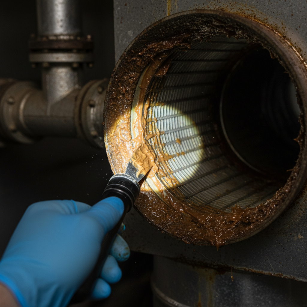 Close-up of baffle filter and duct interior during kitchen exhaust system inspection requirements check