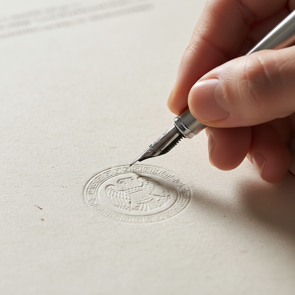 Close-up of a hand preparing to sign a formal legal document with embossed seal, illustrating legal opinion letter execution
