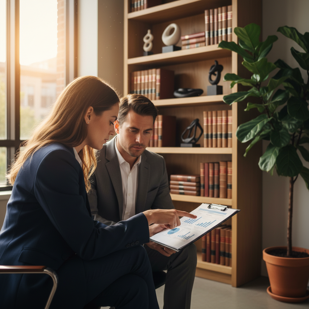 Side-angle view of a lawyer guiding a client through a printed document in a modern office, representing legal opinion review