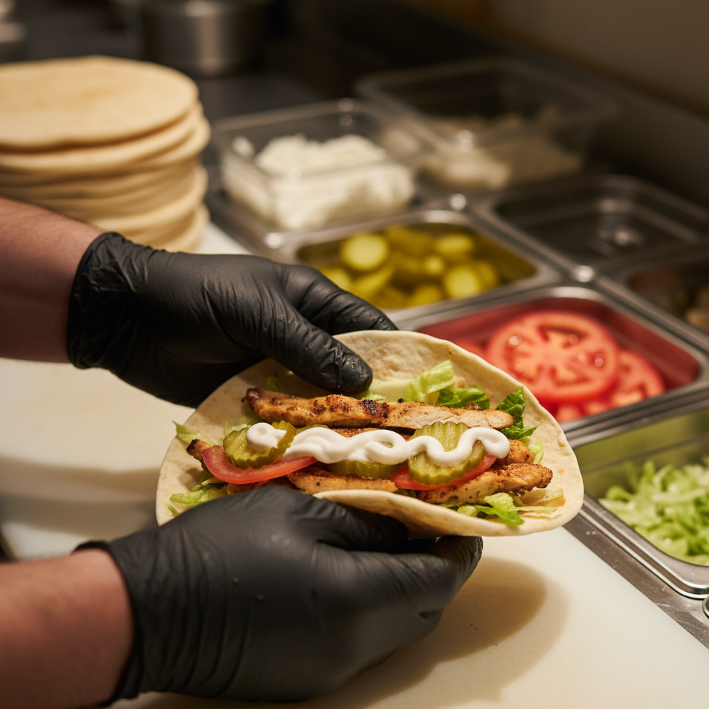 chef assembling shawarma wraps close-up showing fresh ingredients for Toronto party catering