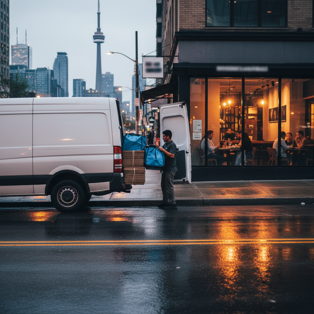 catering delivery bags and trays being loaded outside Toronto restaurant for party catering timing and logistics