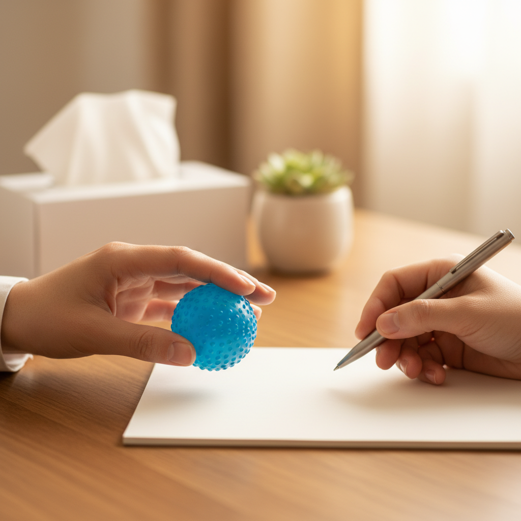 detail shot of supportive counseling hands with notepad and stress ball, symbolizing recovery counseling ongoing support in Ontario clinics