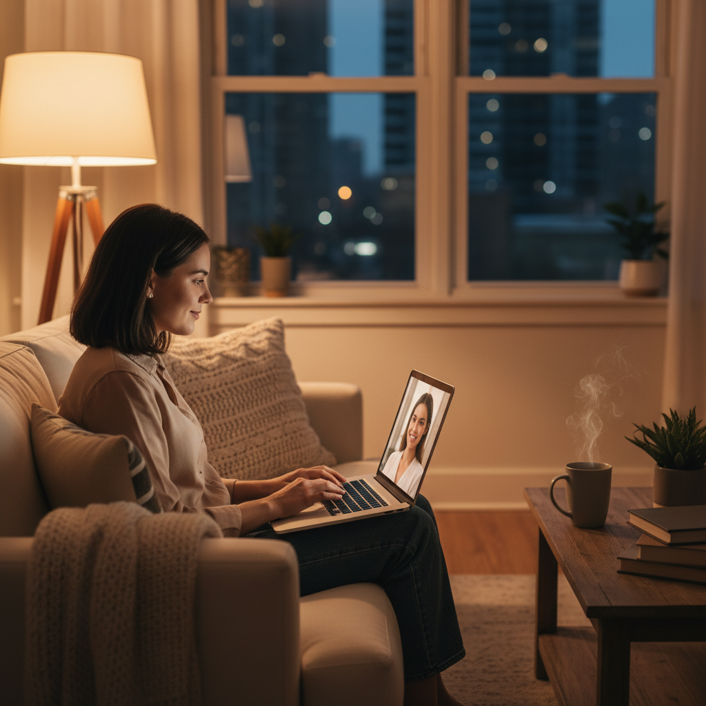 telehealth therapy session at home on a laptop, illustrating virtual counseling access within ongoing recovery support in Ontario