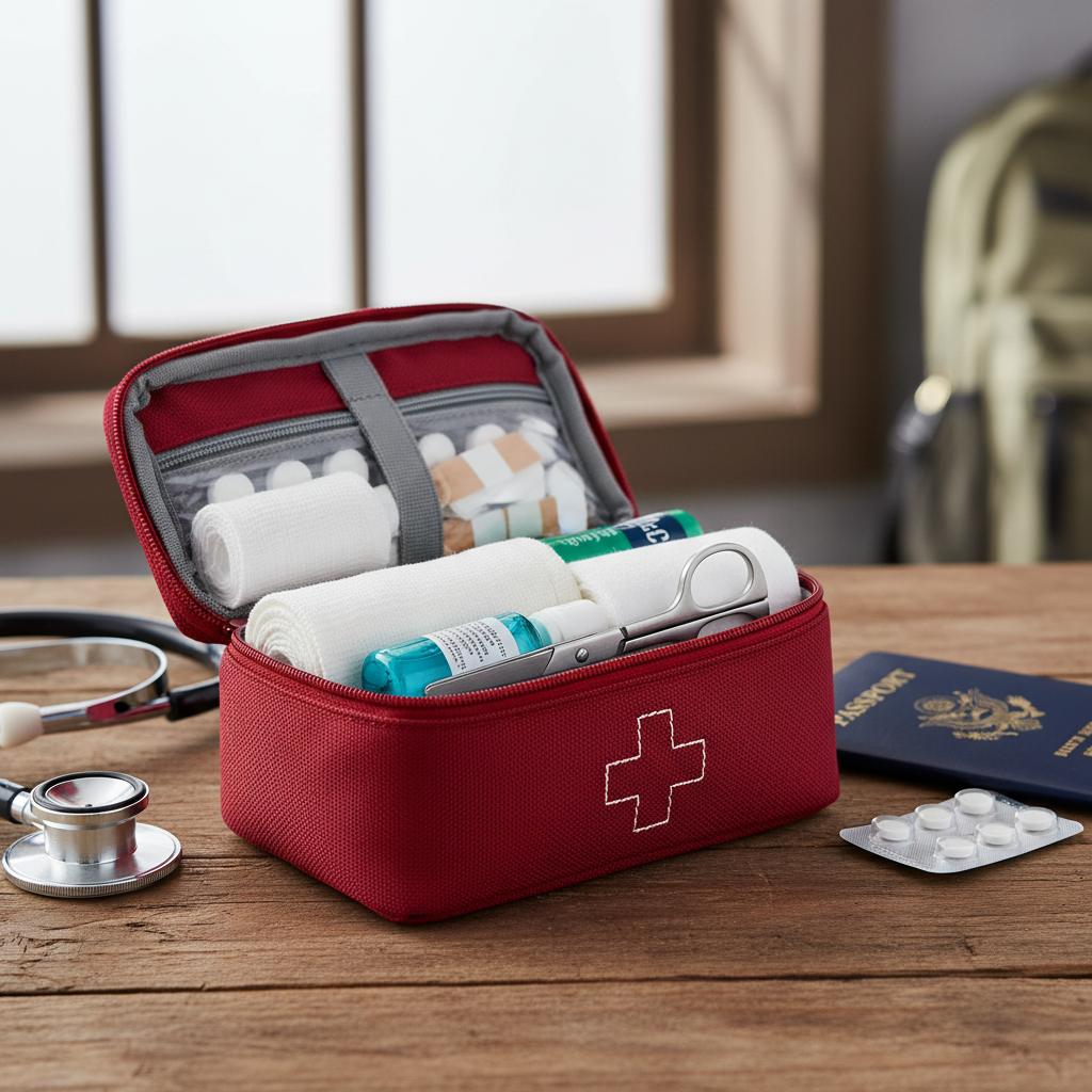 Close-up travel first aid kit illustrating travel insurance medical coverage comparison details