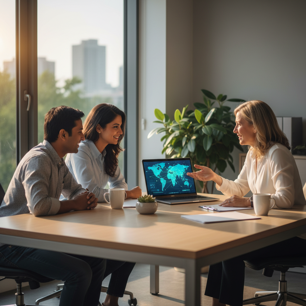Whitby couple reviewing travel insurance medical coverage with an advisor in a modern office