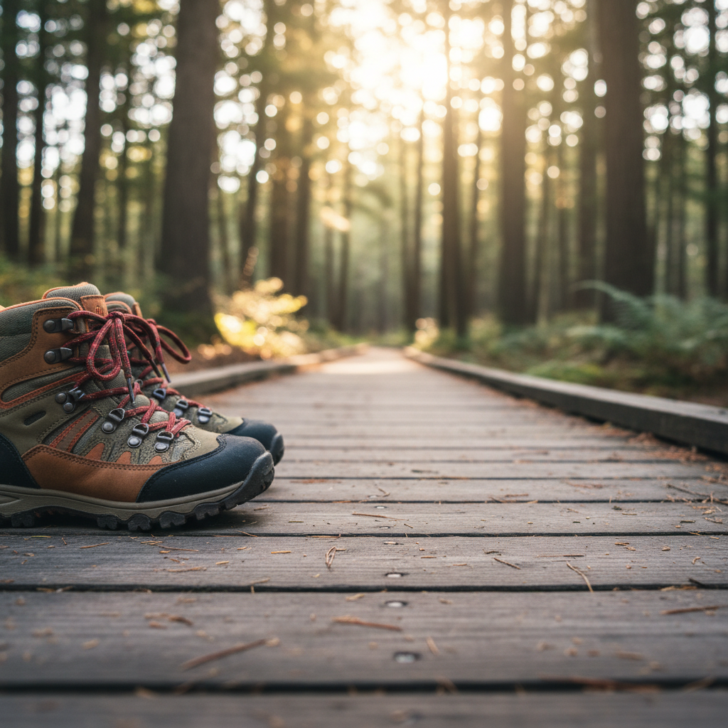Close-up of kids’ hiking boots on a North Conway forest boardwalk, a family-friendly attraction near North Conway lodging