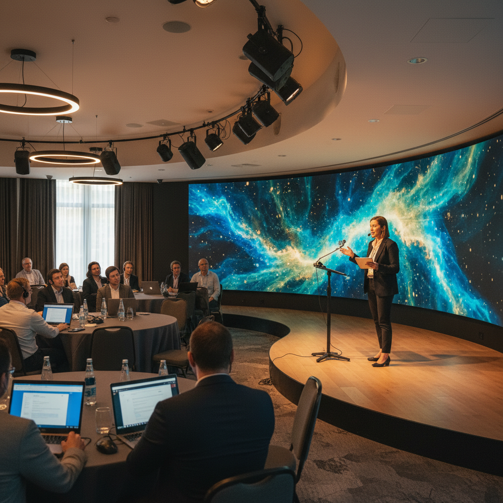 Hybrid conference scene with presenter on stage, audience seating, ceiling speakers, and a wide display wall