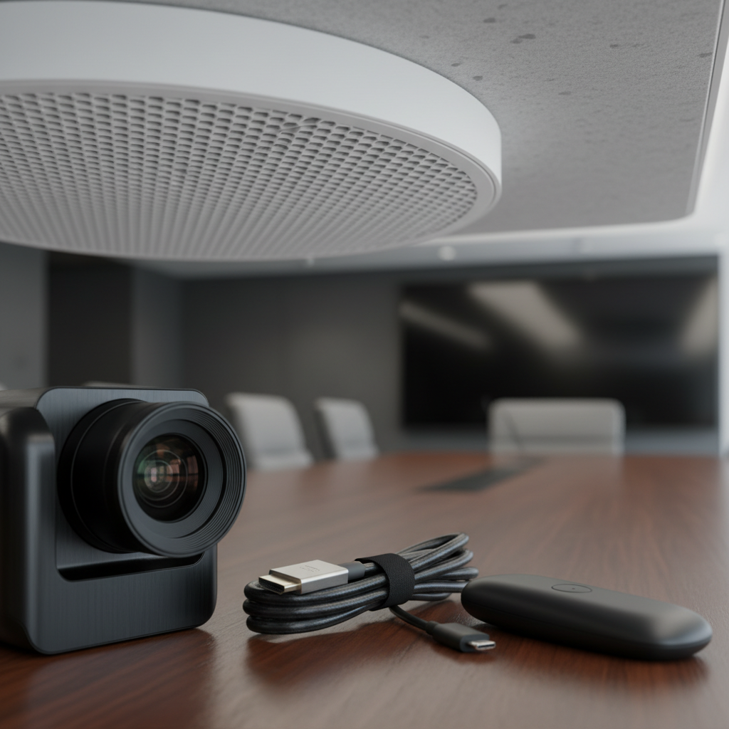 Close-up of conference room AV systems: PTZ camera, beamforming microphone, and coiled USB-C and HDMI cables on a table
