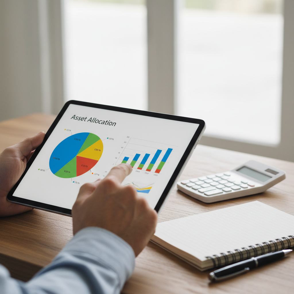 Close-up tablet showing asset allocation charts for SMSF investment strategy and retirement planning