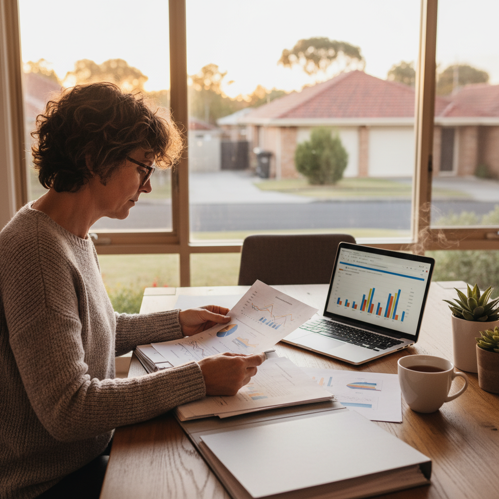 Home scene organizing SMSF investment documents and retirement planning with laptop on dining table