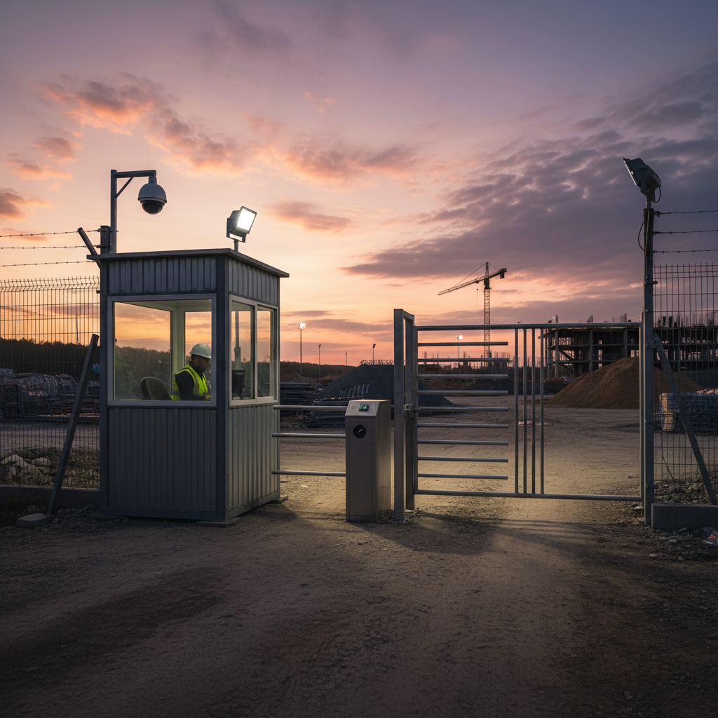 Construction site entrance with full-height turnstile gate, security booth, and CCTV camera at dusk, rugged access control application