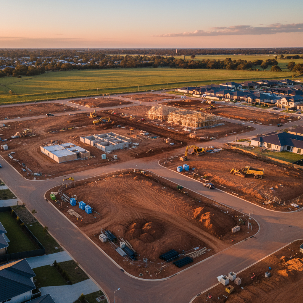 Aerial view of Australian neighborhood under construction showing different build stages for progress payments