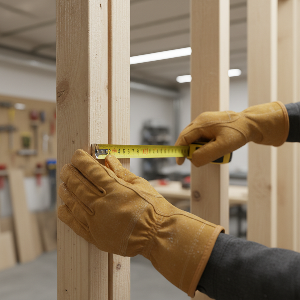 Close-up of builder measuring timber stud during Australian home construction, illustrating progress stages for construction loans