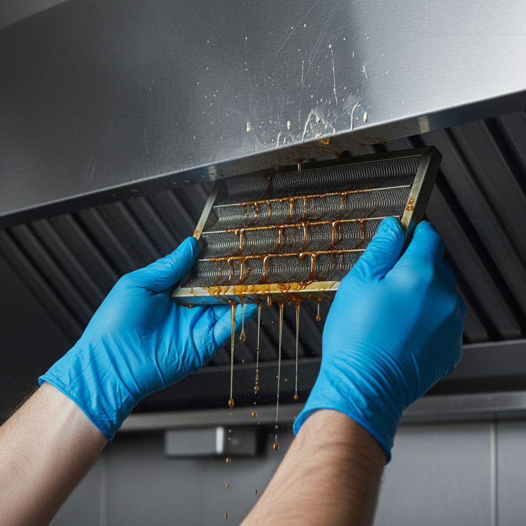 Close-up of baffle filter removal to prevent kitchen grease fires in commercial kitchens, NFPA 96 aligned filter cleaning