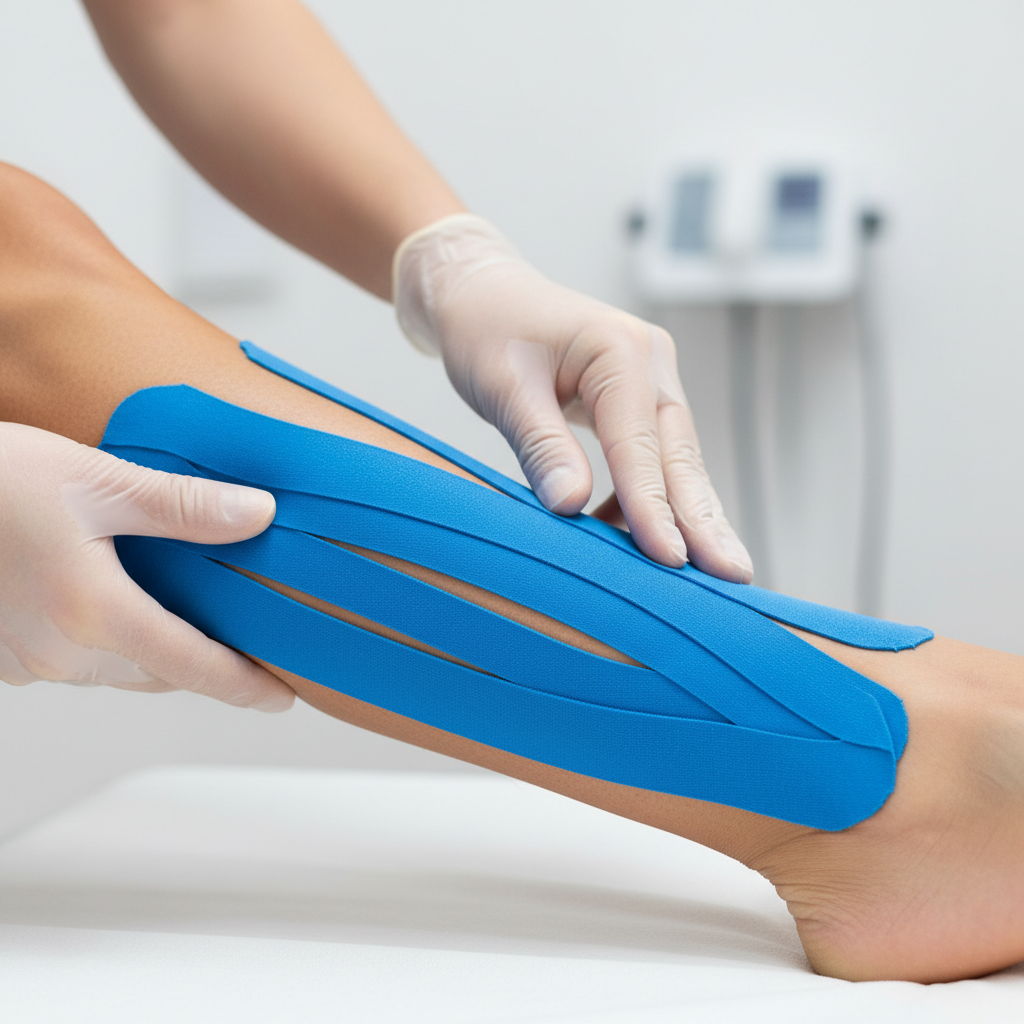 Close-up kinesio tape applied to athlete’s ankle during sports injury rehab in Whitby physiotherapy clinic