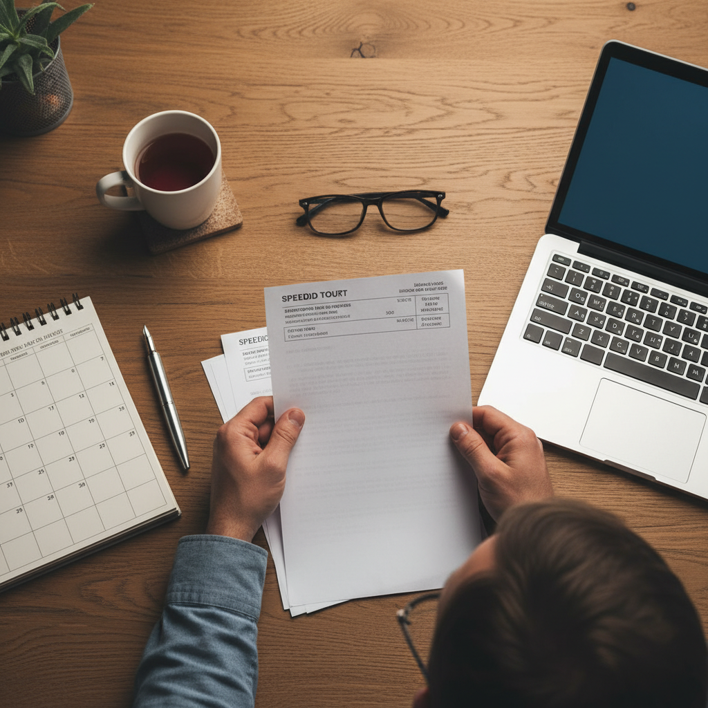 Top-down view of driver reviewing Ontario speeding ticket and court documents, planning defense strategy with calendar and laptop