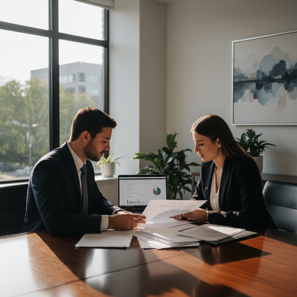 Professional Brampton law office consultation scene showing lawyer and client reviewing a stunt driving disclosure package