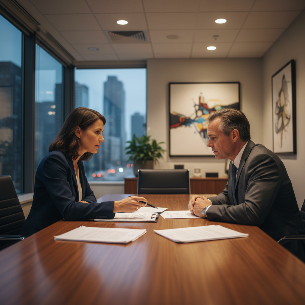 Lawyer and client meeting in Brampton to plan Ontario license reinstatement steps and documents