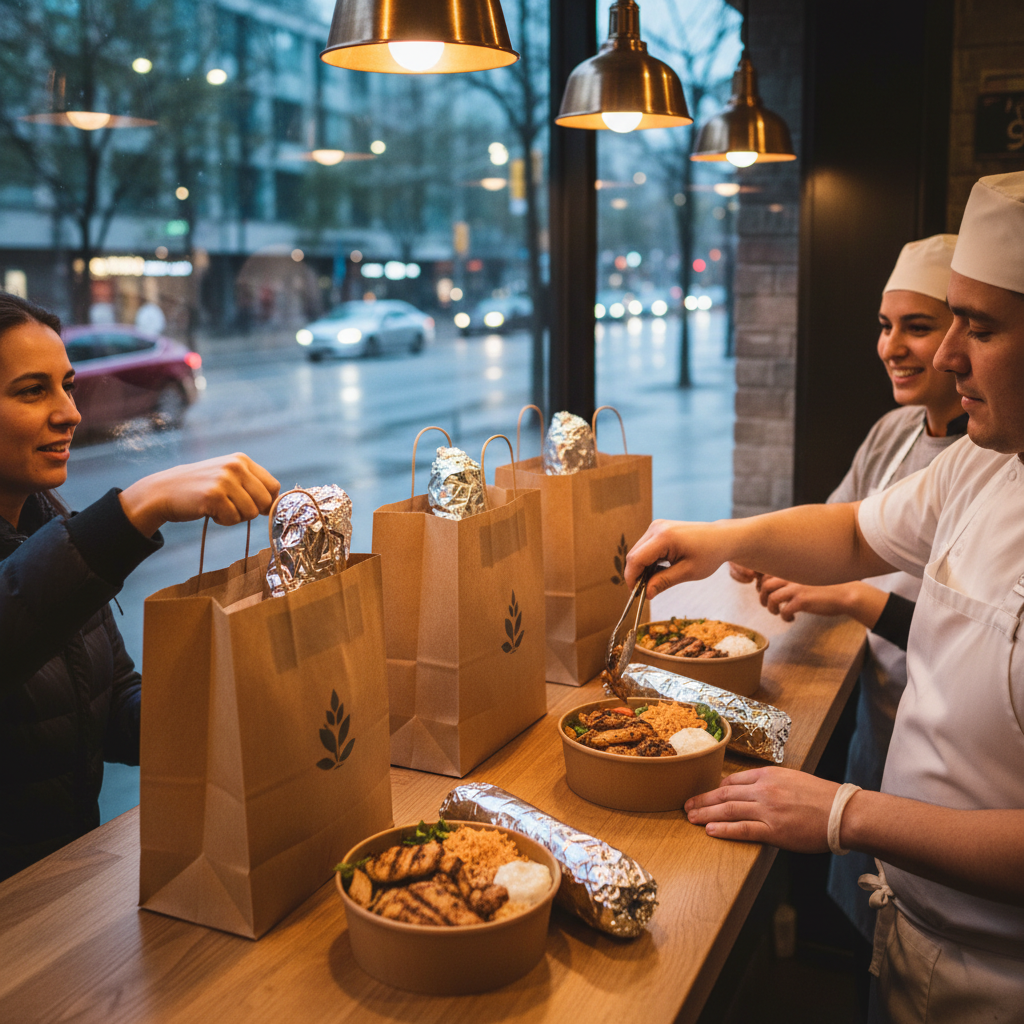 Takeout shawarma bowls and wraps being packed for delivery and pickup in Toronto, highlighting convenient healthy ordering