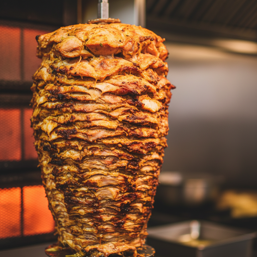 Close-up of chicken shawarma on rotisserie with spices, illustrating protein-rich shawarma nutrition and health benefits