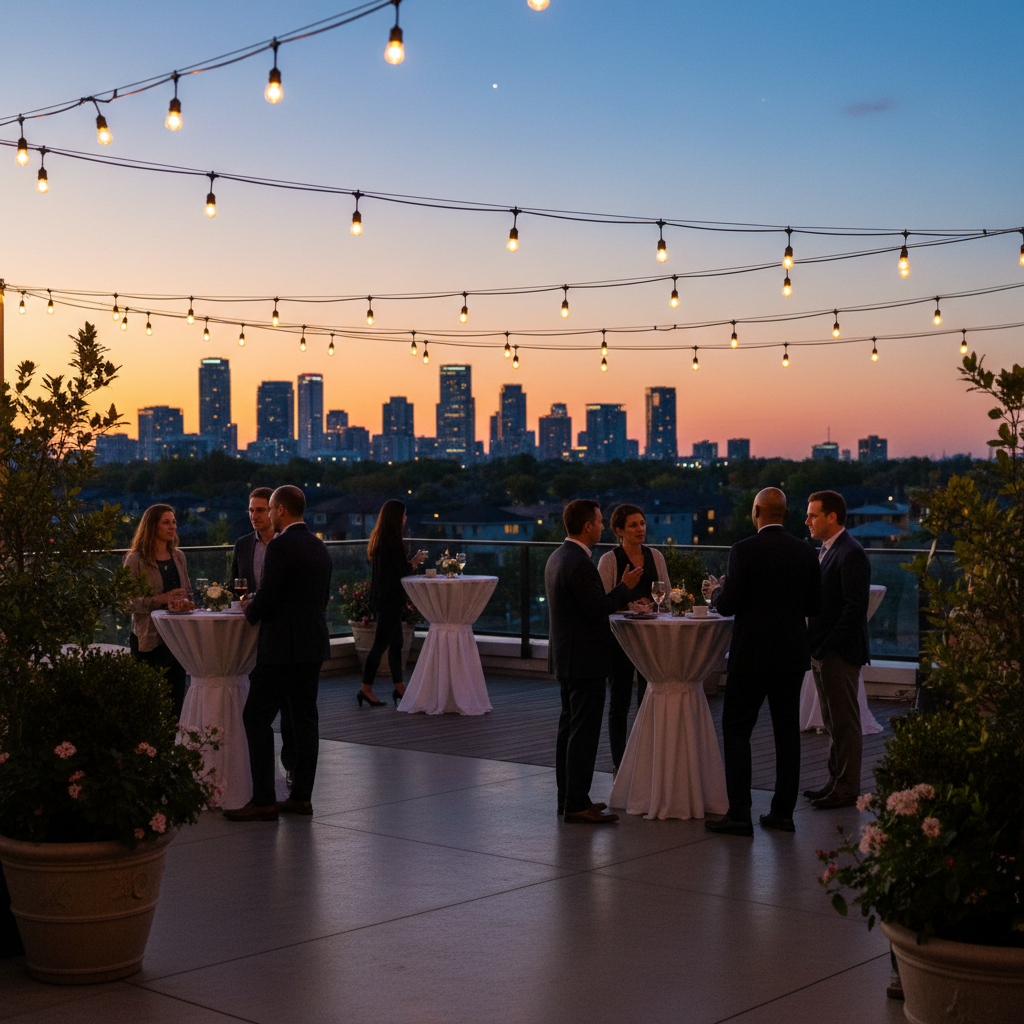 Outdoor patio networking reception setup at Mississauga Convention Centre with string lights and cocktail tables